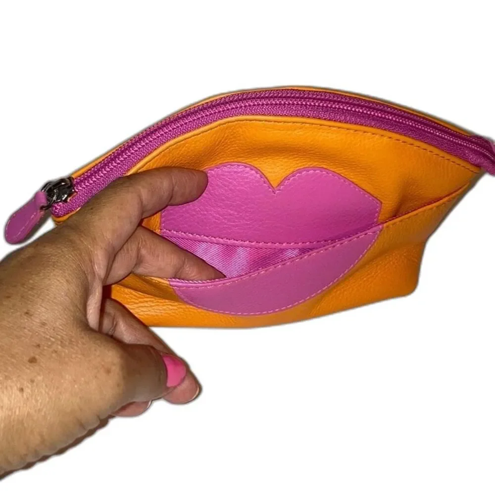 ILI New York Hot Lips Leather Cosmetic Makeup Case Bright Orange with Pink Lips
